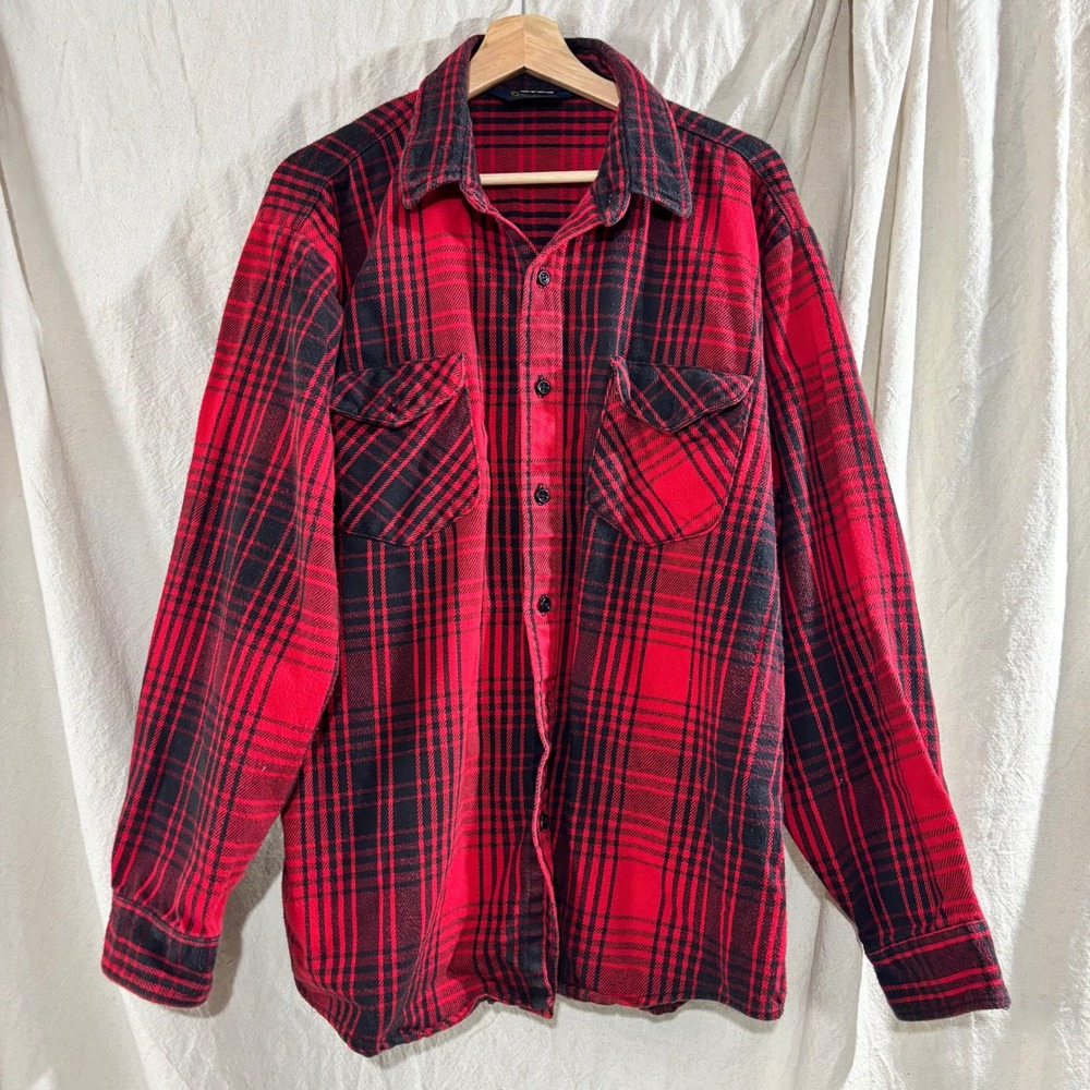 Vintage 90s OshKosh B'Gosh Red Black Plaid Heavyweight Cotton Flannel Shirt XL